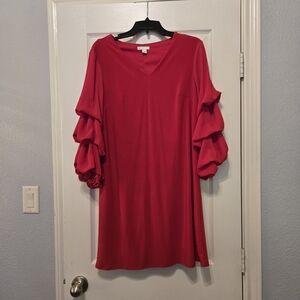 Vibrant Pink Ruffle-Sleeve Midi Dress